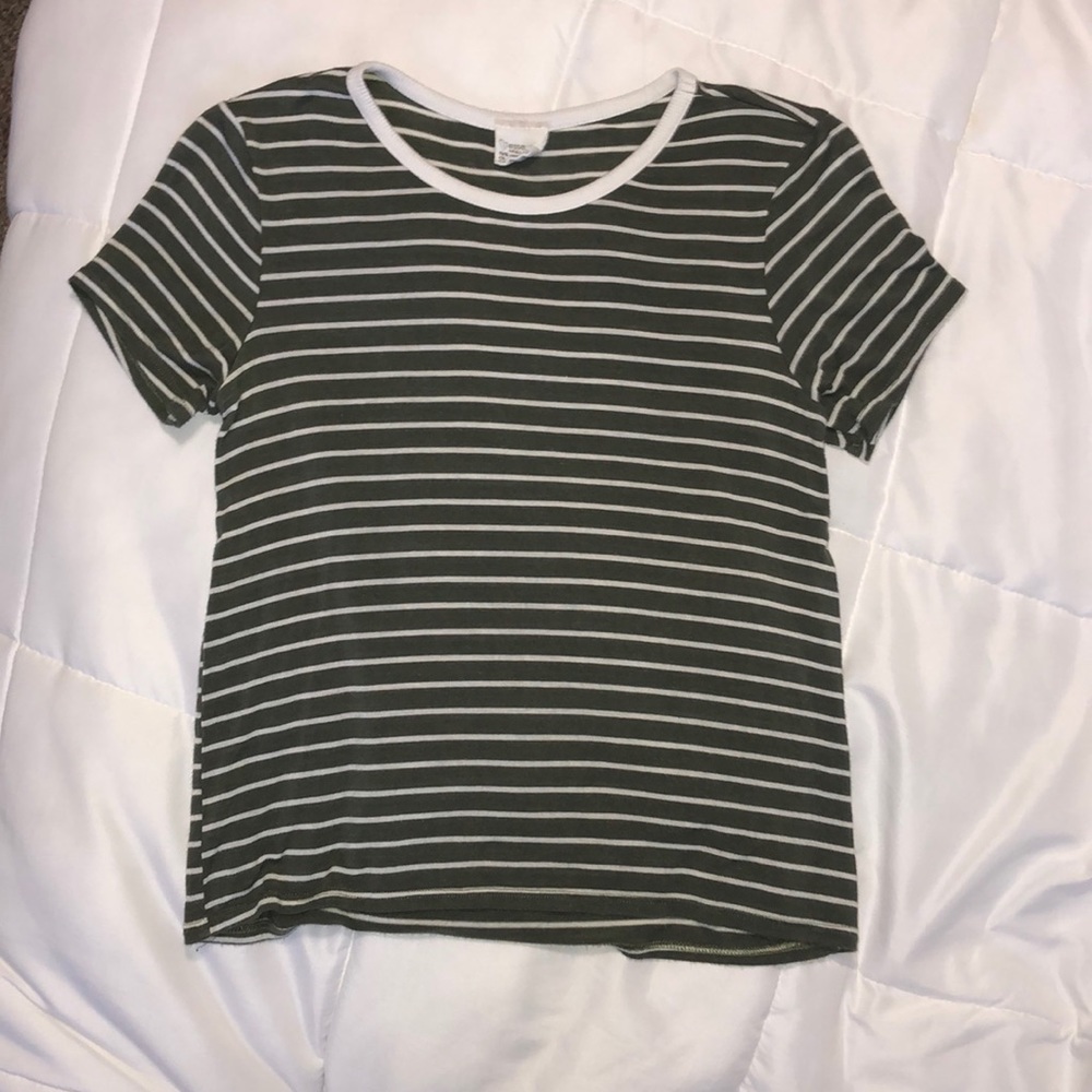 army green and white striped t-shirt